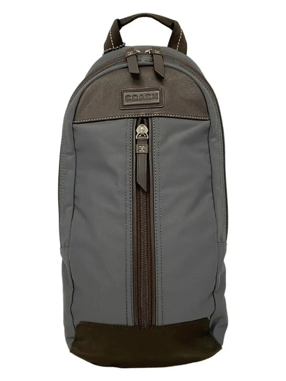 COACH Varick Nylon Sling Pack F70692 Gray Dark Brown Nylon Leather Backpack